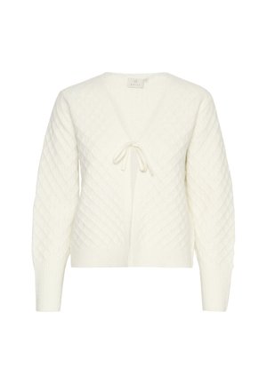 Hvid strikket cardigan lavet af et struktureret materiale, prydet med et diamantmønster, v-hals og en frontlukning med bånd.