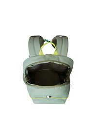 Light green backpack with a zippered top, padded shoulder straps, and a contrasting neon yellow accent, featuring a spacious interior.