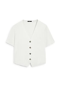 Cardigan bianco a maniche corte con scollo a V, dotato di cinque bottoni neri tondi sul davanti e orlo corto. Texture liscia.
