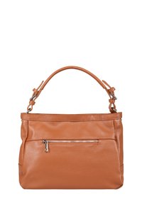 Handtasche aus cognacfarbenem Leder mit strukturierter Oberfläche, einem einzelnen oberen Griff und einer vorderen Reißverschlusstasche. Einfaches Design mit praktischen Aufbewahrungsmöglichkeiten.