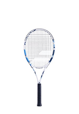 Tennisschläger mit einem weißen Rahmen, der mit blauen Akzenten verziert ist, mit einem gummierten schwarzen Griff und einem Standard-Saitenmuster für das Spielen.