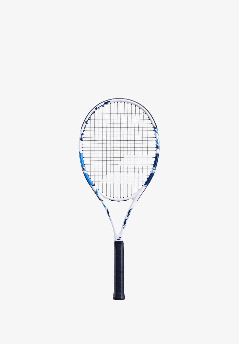 Tennisschläger mit einem weißen Rahmen, der mit blauen Akzenten verziert ist, mit einem gummierten schwarzen Griff und einem Standard-Saitenmuster für das Spielen.