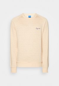 Sudadera de color beige claro con un patrón texturizado, puños y dobladillo acanalados, y un pequeño logo bordado en azul marino que dice "Originals" en el pecho.