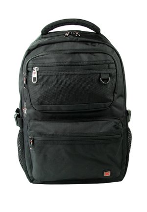 Black backpack featuring multiple zippered pockets, mesh side pockets, and a textured fabric. Includes a top handle and adjustable straps.