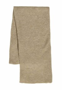 Sciarpa in lana beige con una texture morbida, caratterizzata da un bordo a coste. Il design è rettangolare con una superficie liscia e dettagli minimi.