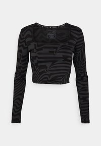 Svart langermet cropped treningsgenser med et subtilt zebra stripemønster, laget av stretchy stoff, med firkantet hals og merket trim.