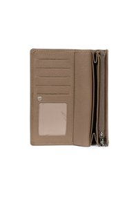 Portafoglio in pelle marrone con scomparto con zip, diverse fessure per schede e una finestra trasparente per l'ID. Superficie testurizzata e cuciture rinforzate.
