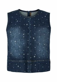 Jeans utan ärmar i mörkblått, med silverfärgad öljettaccent i ett spritt mönster. Rund halsringning och bakre dragkedjestängning.