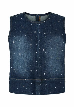 Denim uden ærmer i mørkeblå, prydet med sølvfarvede øjer i et spredt mønster. Rund halsudskæring og lynlås lukning bagpå.