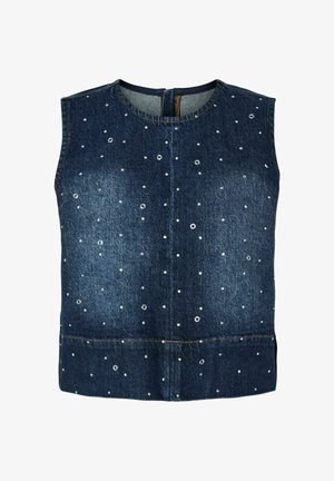 Denim uden ærmer i mørkeblå, prydet med sølvfarvede øjer i et spredt mønster. Rund halsudskæring og lynlås lukning bagpå.