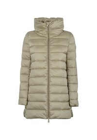 Giacca a vento in beige chiaro, con colletto alto, chiusura a zip frontale e trapuntatura orizzontale. Tessuto liscio con polsini elasticizzati.