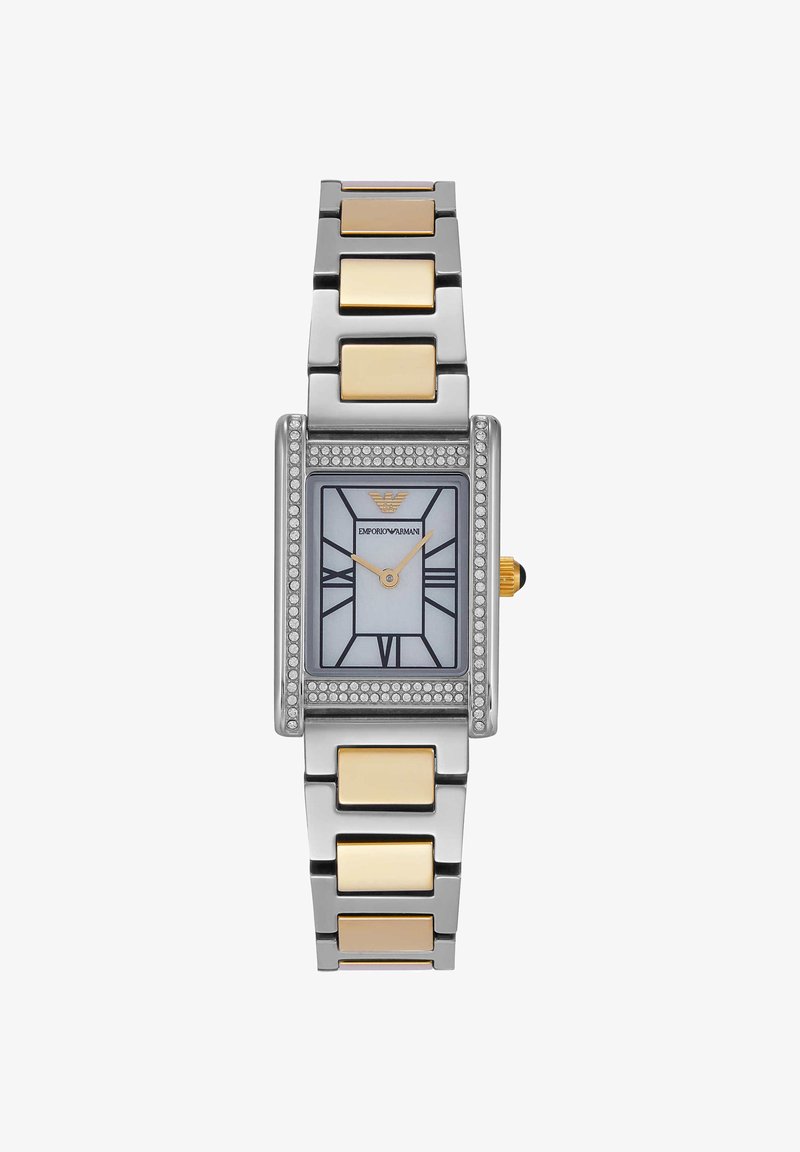 Orologio da polso rettangolare in argento e oro con ghiera con diamanti, quadrante in madreperla, lancette dorate e indici con numeri romani, logo Emporio Armani.