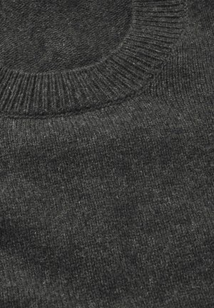 Dark gray knitted sweater with a ribbed crew neck. The texture is soft and slightly fuzzy, showcasing a subtle pattern in the fabric.