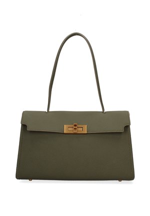 Sac à main en cuir texturé vert olive avec une seule bandoulière incurvée et une fermeture rectangulaire dorée à tourniquet sur le rabat avant.