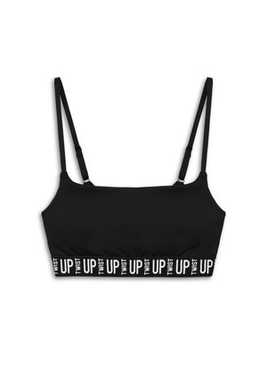 Brassière noire avec des bretelles réglables, dotée d'une texture lisse et d'un bandeau élastique imprimé portant la mention "TWIST UP" en blanc.