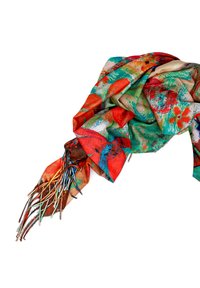 Sciarpa di seta multicolore con vivaci motivi rossi, verdi e blu. Con frange lunghe e multicolori a un'estremità.