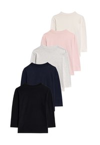 Set von fünf Langarm-T-Shirts in Marineblau, Schwarz, Grau, Rosa und Weiß. Weiches Baumwollmaterial mit Rundhalsausschnitt und unifarbener Textur.