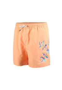 Short de bain couleur pêche avec taille élastique et cordon blanc, avec un motif floral bleu et violet sur la jambe droite.
