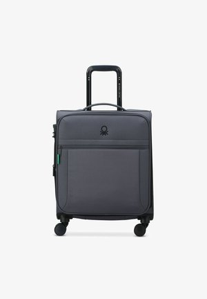 Gray wheeled suitcase with a textured surface, front zip pocket, adjustable handle, and 4 swivel wheels for easy maneuverability.