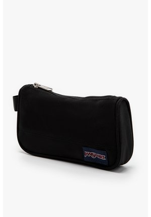 Kleine schwarze JanSport-Reißverschlusstasche mit Stoffgriff an der Seite, rechteckige Form und Logo-Aufnäher vorne unten rechts.