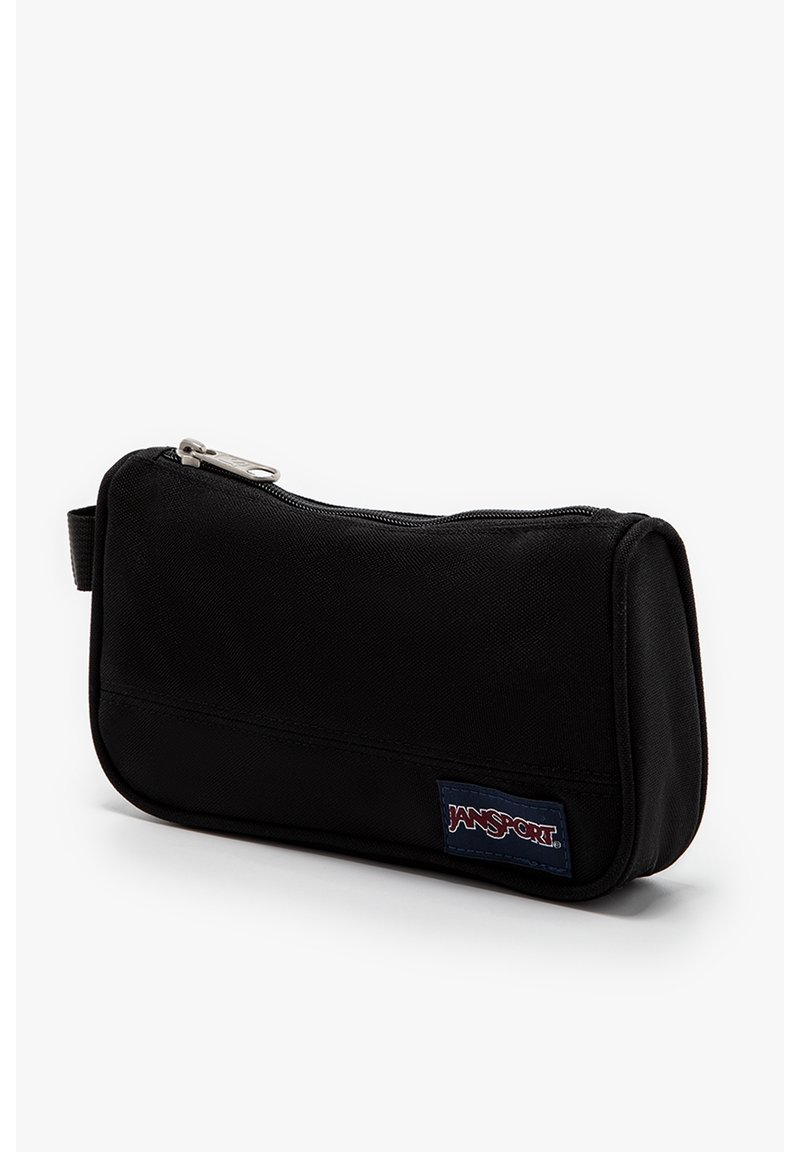 Petite pochette noire JanSport zippée avec poignée en tissu sur le côté, forme rectangulaire et écusson logo sur le coin inférieur droit à l'avant.