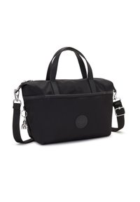 Sac à main rectangulaire noir avec deux poignées, bandoulière réglable, ouverture zippée et logo rond de la marque sur le panneau avant.