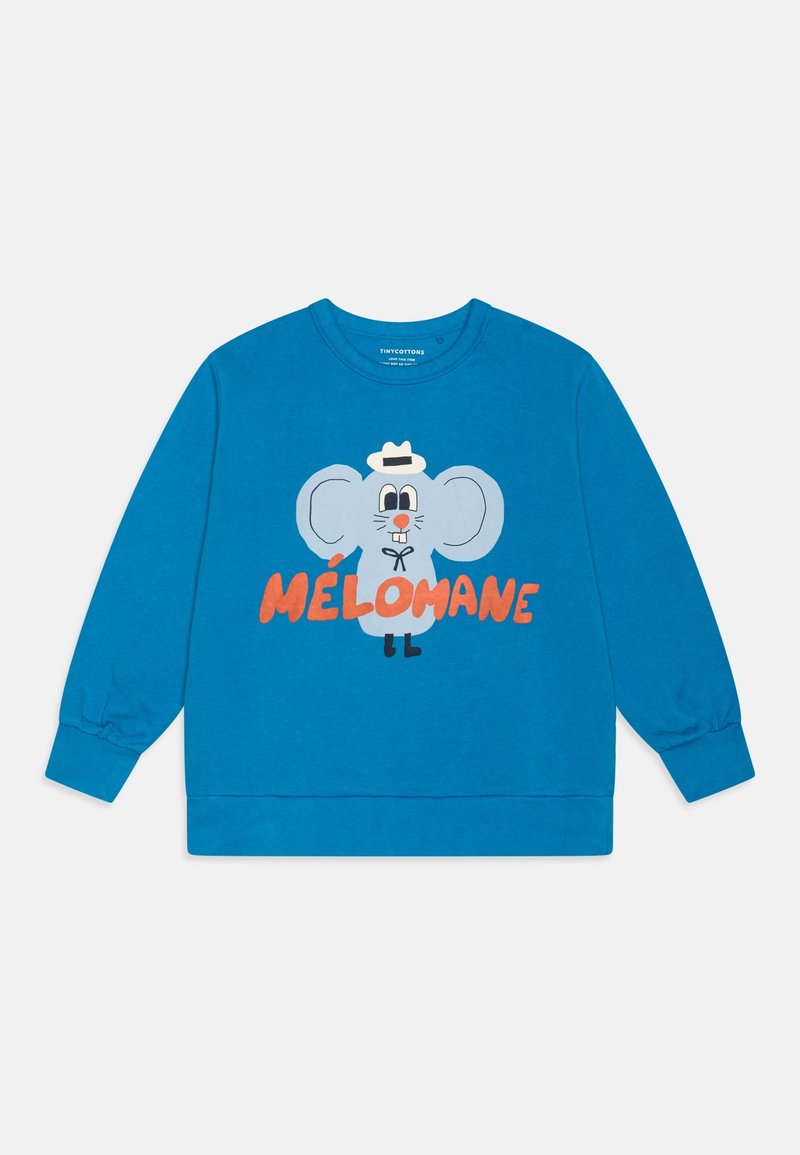 Sweat-shirt bleu en coton, orné d'un graphique d'éléphant en dessin animé bleu clair avec le mot "MÉLOMANE" en orange. Manches longues avec poignets côtelés.