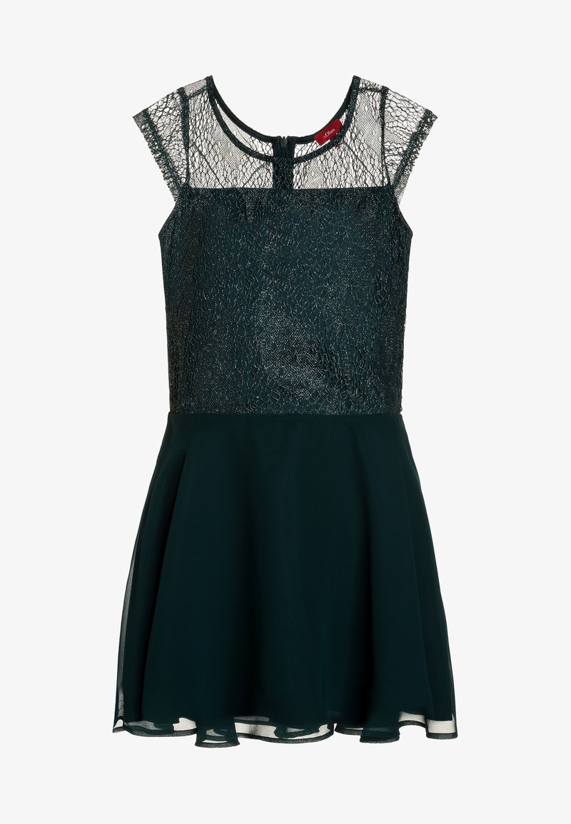 Robe noire sans manches avec un corsage en dentelle superposée, un décolleté en dentelle transparente et des manches gigot, ainsi qu'une jupe évasée en chiffon.