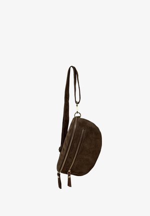 Borsa a tracolla in suede marrone dalla forma a mezzaluna, con tasca frontale con cerniera e dettagli con nappine sui tiralampo.