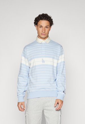 Hellblau gestreifter Pullover mit weißem Kragen, auf der Brust mit einem LA-Logo, Rippbündchen und lockerer Passform. Weicher Stoff.