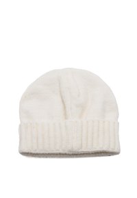 Cappellino a maglia bianco con risvolto a coste, caratterizzato da una texture morbida e una parte superiore leggermente scivolata, adatto per l'uso in condizioni di freddo.