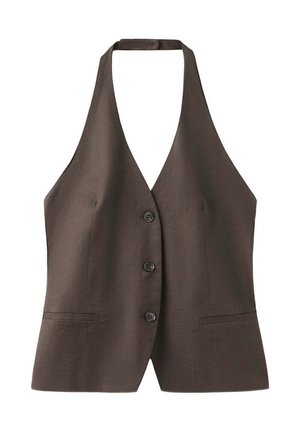 Chaleco marrón sin mangas con cuello halter en V profundo, tres botones frontales y dos bolsillos horizontales con abertura.