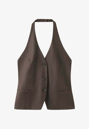 Gilet marron sans manches à col halter en V profond, trois boutons devant et deux poches fendues horizontales.