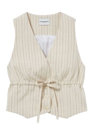 Gilet beige sans manches avec des rayures verticales, un col en V, un lien ajustable à la taille et une fermeture à cinq boutons à l'avant.