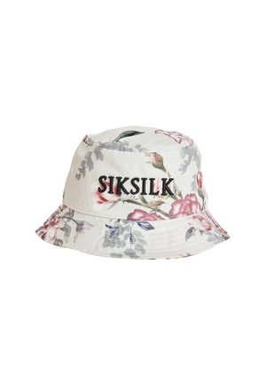Witte emmerhoed met roze en grijs bloemmotief en zwart geborduurd "SIKSILK" logo aan de voorkant.
