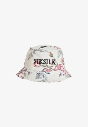 Biały kapelusz wiadro z różowym i szarym wzorem kwiatowym oraz czarnym haftowanym logo "SIKSILK" na froncie.