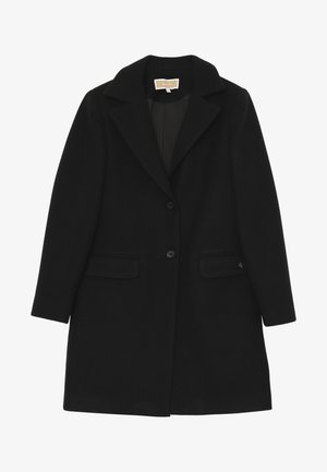 Cappotto di lana nera con colletto a scollo, chiusura con un solo bottone e due tasche frontali. Presenta una texture liscia e una silhouette sartoriale.