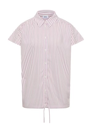 Camicia bianca a maniche corte con sottili righe rosse verticali, chiusura frontale con bottoni, colletto e coulisse al bordo.