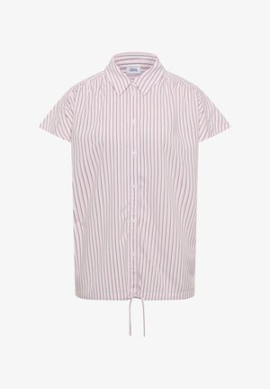 Camicia bianca a maniche corte con sottili righe rosse verticali, chiusura frontale con bottoni, colletto e coulisse al bordo.