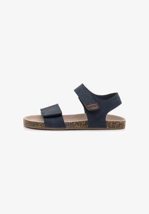 Sandalia azul marino con punta abierta, dos correas ajustables, suela de corcho y plantilla suave para comodidad casual.