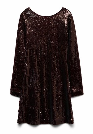Long-sleeve dress made of dark sequined fabric, featuring a rounded neckline and a flared silhouette. Color is deep burgundy.