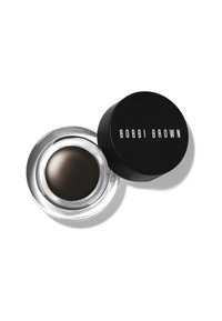 Bobbi Brown Gel-Eyeliner in einem klaren runden Tiegel mit schwarzem Deckel. Das Produkt ist ein dunkelbrauner Gel-Eyeliner mit einer glatten, cremigen Textur.