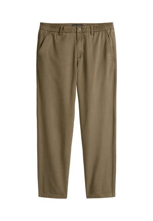 Casual broek in olijfgroen met elastische tailleband, knoop aan de voorkant, ritssluiting, zijzakken en een rechte pijp.