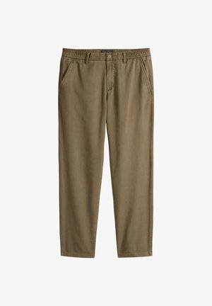 Swobodne spodnie w kolorze oliwkowej zieleni z elastycznym pasem, zapinane z przodu na guzik i suwak, z bocznymi kieszeniami i prostymi nogawkami.