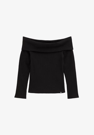 Sort ribbet bluse med lange ærmer, bredt off-shoulder halsudskæring og lille stjernedetalje nær den nederste kant.