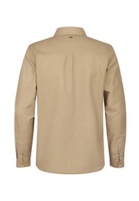 Beige overhemd met lange mouwen, met knoopmanchetten, een rugpand en een centrale plooi, weergegeven vanuit de achterkant op een witte achtergrond.