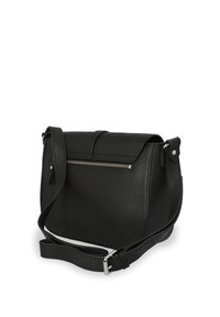 Black leather shoulder bag with a structured design, top flap, zippered pocket, and adjustable strap. Smooth texture with subtle grain.