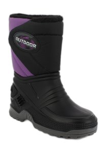 Schwarze und lila wasserdichte Stiefel mit strukturiertem Äußeren, gefüttert mit Kunstfell und einem "OUTDOOR"-Logo an der Seite. Verfügt über eine robuste Sohle.