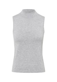 Top senza maniche grigio a collo alto in un leggero tessuto a maglia. Texture liscia e design aderente con scollo alto. Senza decorazioni o motivi.