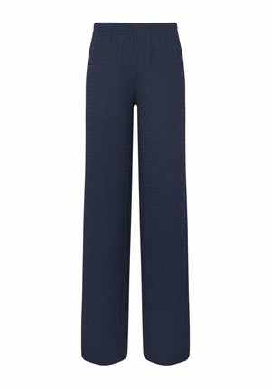 Pantalon large bleu marine à taille haute avec tissu texturé, présenté sur fond blanc.